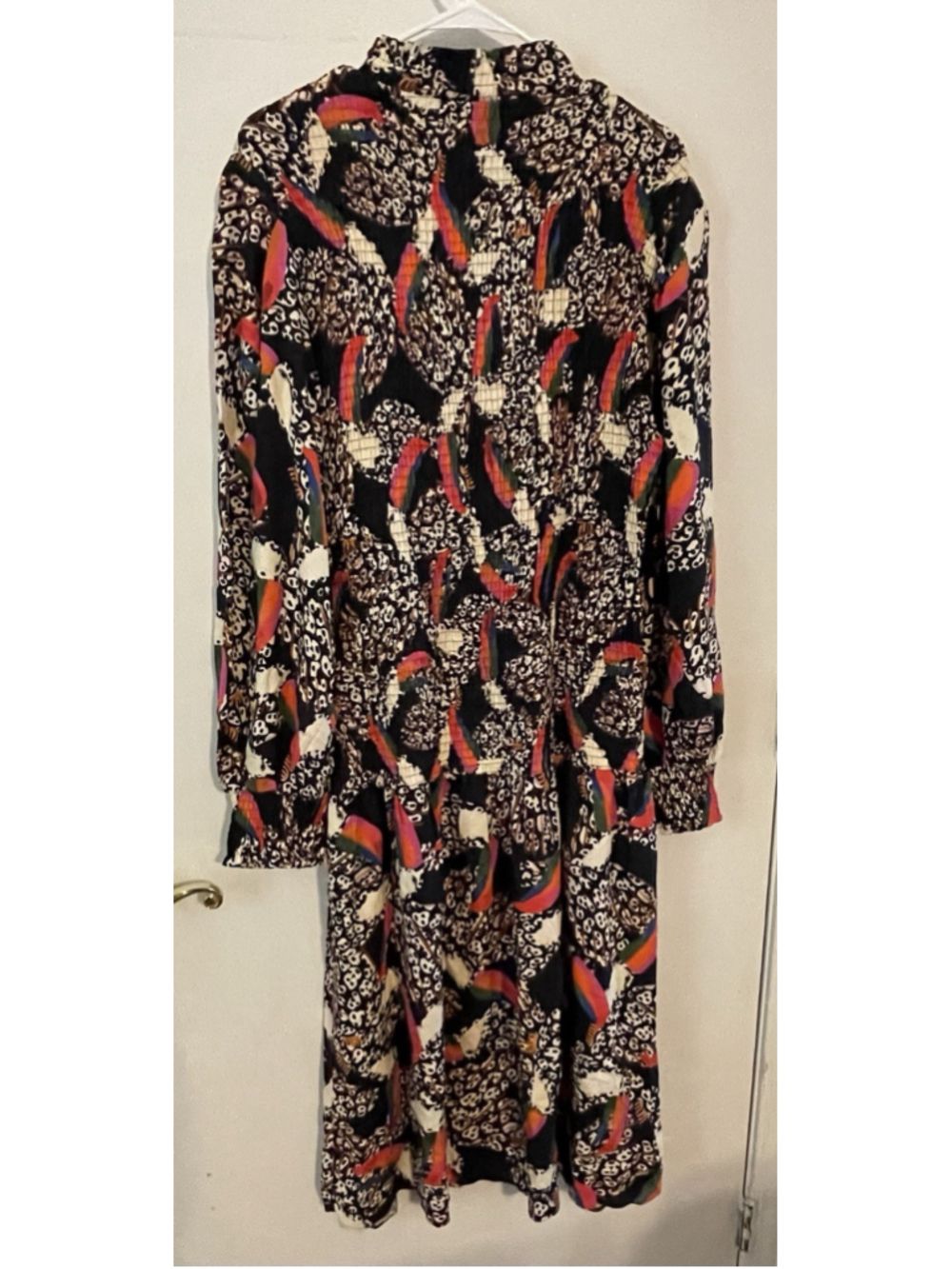 FARM Rio Multicolor Animal Print Smocked Knee Dress L Balloon Sleeve High Neck - Picture 8 of 12